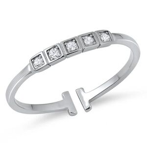 Sterling Silver Adjustable CZ Open Ring – Square Set Accents